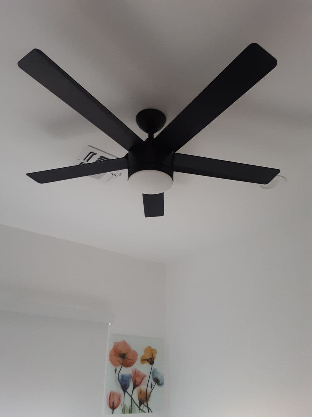 Modern black ceiling fan with four blades and integrated light fixture in a bright room.